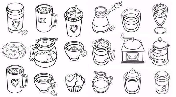 Ícones da linha de café e chá. Latte café expresso e cappuccino xícaras, canecas símbolos com vapor. ícone ilustrações. Ilustração de alta qualidade - Foto, Imagem