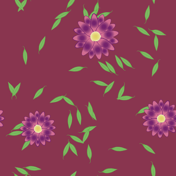 simple flowers with green leaves in free composition, vector illustration - ベクター画像