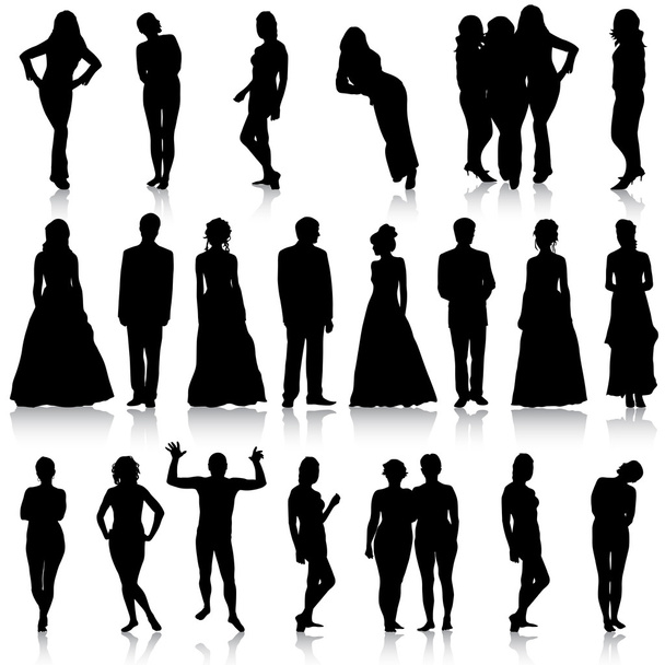 Siluetas negras de hermosos hombres y mujeres sobre fondo blanco
 - Vector, Imagen