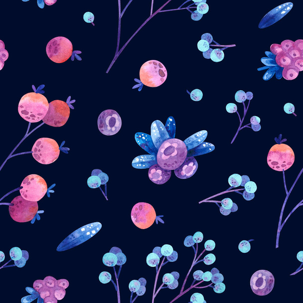 Seamless pattern with blue, violet, and pink stylized berries and leaves. Wallpaper, wrapping paper design, textile, scrapbooking, digital paper. Watercolor hand drawn illustrations on dark background. - Foto, afbeelding