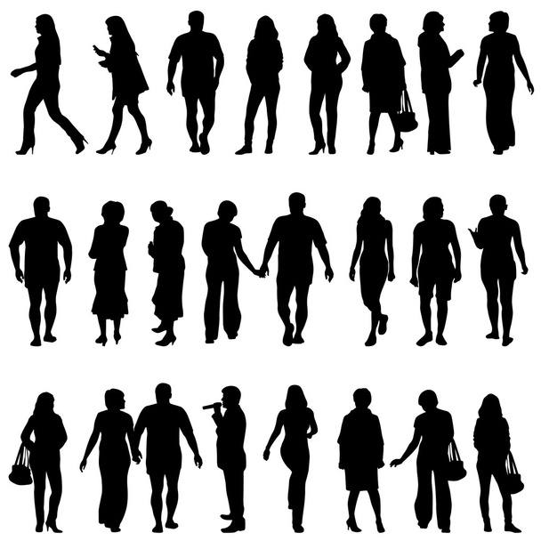 Schwarze Silhouetten schöner Männer und Frauen auf weißem Hintergrund - Vektor, Bild