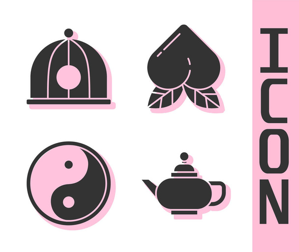 Kínai teaszertartás, kínai kalap, Yin Yang és barack gyümölcs ikon. Vektor. - Vektor, kép