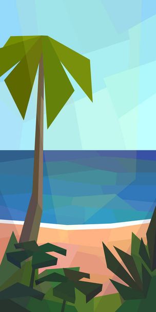 Low poly ocean view. Palm, tropics, beach, ferns. Vector illustration - Vector, imagen