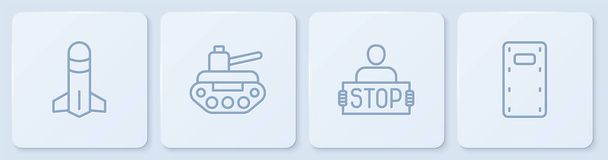 Set line Rocket, Stop war, Military tank and assault shield. White square button. Vector. - Vector, Image