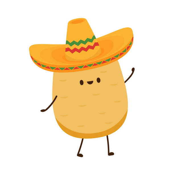 ジャガイモのキャラクターデザイン。ポテトベクトル。白い背景にジャガイモ。メキシコの帽子ベクトル. - ベクター画像
