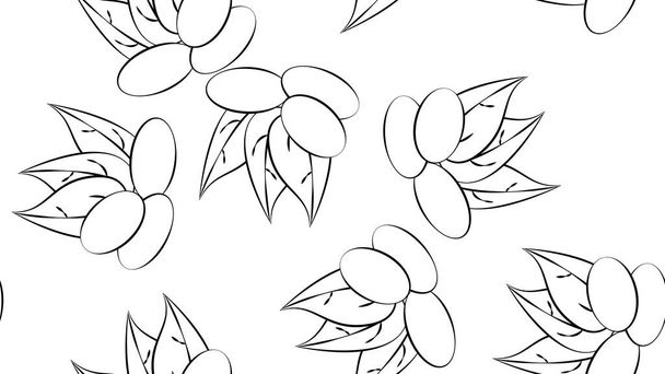 nuts on a white retro background, vector illustration, pattern. nuts lie on the ground, under green oblong leaves. healthy food. Wallpaper in black and white pencil drawing style - Vector, imagen