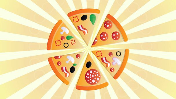 пицца с начинкой на бело-оранжевом ретро фоне, векторная иллюстрация. много пиццы с различными начинками салями с салом, оливками, беконом и травами. ароматная сытная пицца - Вектор,изображение