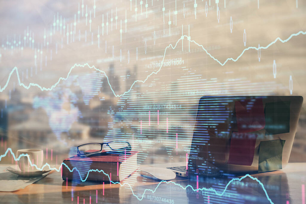 Double exposure of financial chart drawings and desk with open notebook background. Concept of forex market - Foto, imagen