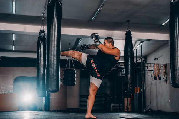 Boxer adulto no treinamento de luvas de boxe com saco de boxe em um ginásio
 - Foto, Imagem