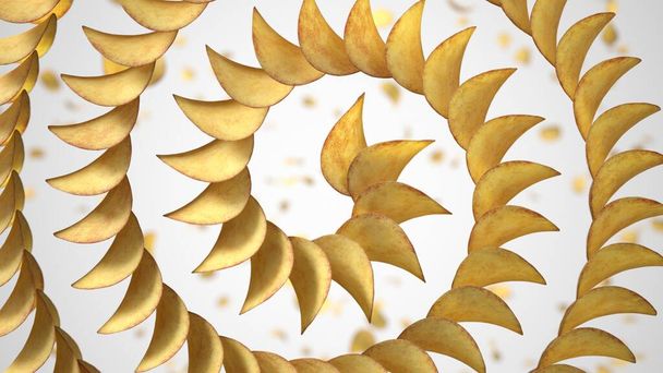 Spiralförmig sortierte knusprige Kartoffelchips. Geeignet für Chips, Snacks und Fast Food-Themen. 3D-Illustration mit weißem Hintergrund - Foto, Bild