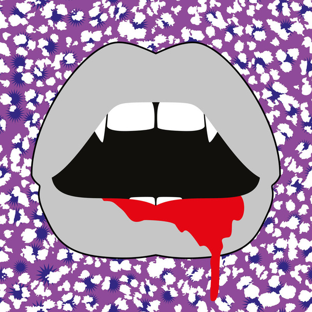 Векторная иллюстрация губ вампира с большими зубами и окровавленным ртом. Детский векторный рисунок. - Вектор,изображение