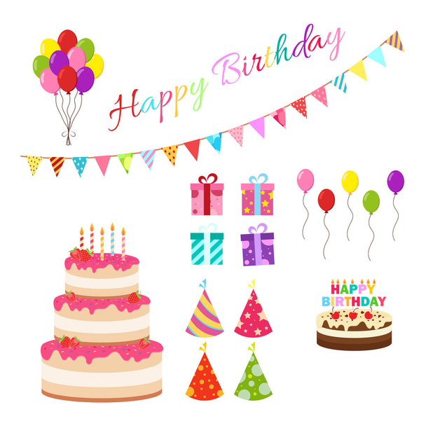 Happy birthday party birthday cake box Celebración Party Hat Regalos Globos multicolores velas de cumpleaños conjunto aislado vector plano diseño gráfico ilustración e icono elementos - Vector, Imagen