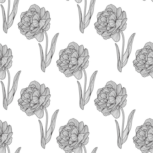 Elegantní bezešvý vzor s tulipánovými květy, designové prvky. Květinový vzor pro pozvánky, karty, tisk, dárkový obal, výroba, textil, tkaniny, tapety - Vektor, obrázek
