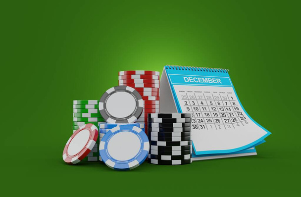 Póker zsetonok naptárral, zöld háttérrel. 3d illusztráció - Fotó, kép