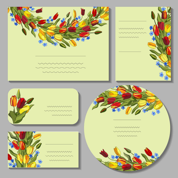 Floral spring templates with colorful tulips. For romantic and easter design, announcements, greeting cards, posters, advertisement. - ベクター画像