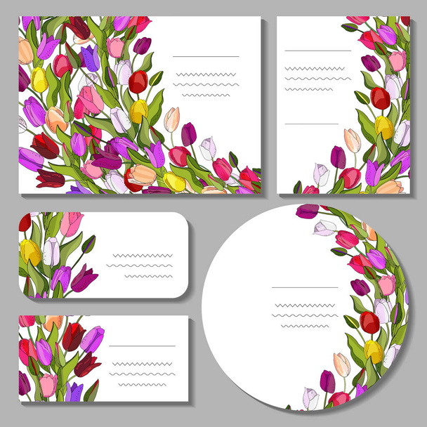 Floral spring templates with colorful tulips. For romantic and easter design, announcements, greeting cards, posters, advertisement. - Vector, afbeelding