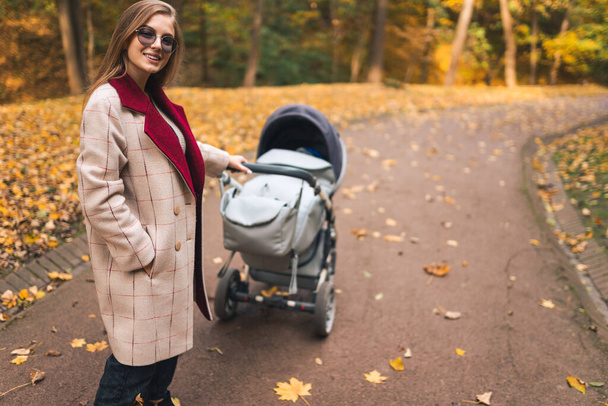 Mom with baby carriage walks in the  park - Photo, Image