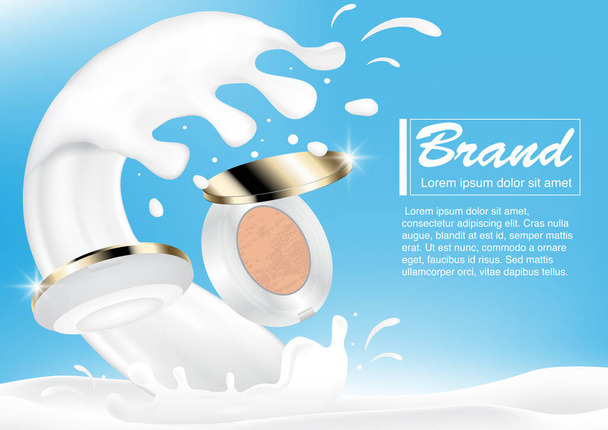 Concepto de anuncio cosmético. Burla de lujo en la ilustración 3D de salpicaduras de leche y EPS10 Vector. Uso para la bandera, el Web site, la plantilla, el folleto, el cartel y el otro diseño - Vector, Imagen