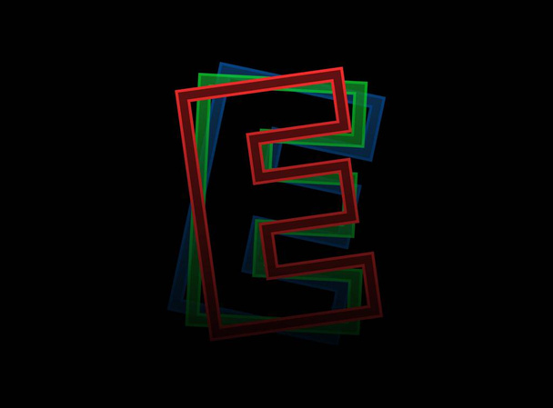 E-Letter Vektor-Design, Rgb-Schrift-Logo. Dynamische Spaltung rote, grüne, blaue Farbe, Umrissschichtstil auf schwarzem Hintergrund. Für soziale Medien, Gestaltungselemente, kreative Poster, Webvorlagen     - Vektor, Bild