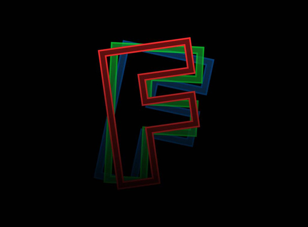 F-Buchstabenvektor-Design, Rgb-Schrift-Logo. Dynamische Spaltung rote, grüne, blaue Farbe, Umrissschichtstil auf schwarzem Hintergrund. Für soziale Medien, Gestaltungselemente, kreative Poster, Webvorlagen     - Vektor, Bild