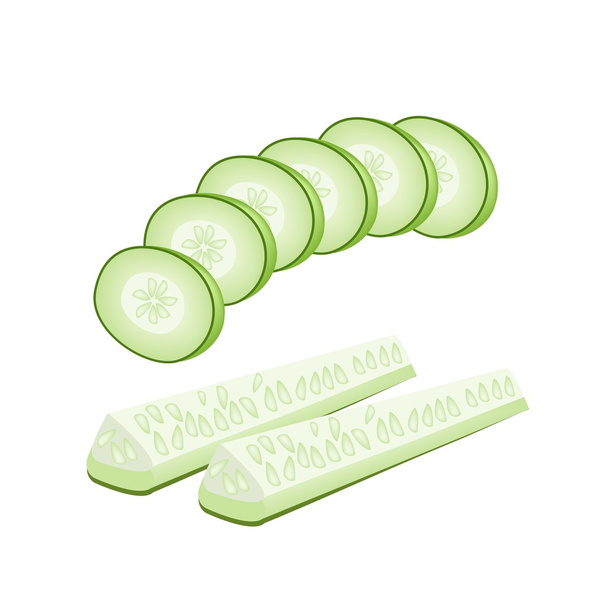 Delicious Fresh Cucumber Slices on White Background - Vector, Image