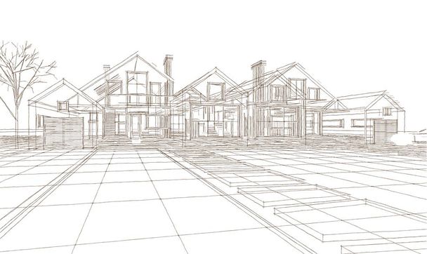 traditionelles Haus Skizze architektonisches Konzept 3D Illustration - Foto, Bild