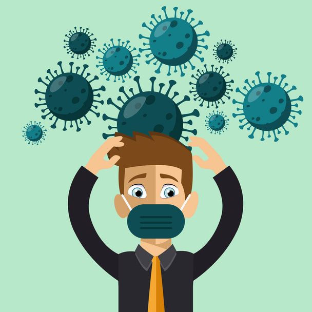 A man in a panic screams and fears around the virus fly molecules. Coronavirus concept. Stay safe concept. Covid-19 outbreak concept. Flat vector illustration - Vector, Image