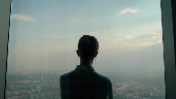 Vista posteriore della donna pensierosa guardando paesaggio urbano attraverso la finestra del grattacielo - Filmati, video