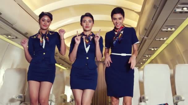 Cabin crew dancing with joy in airplane - Footage, Video