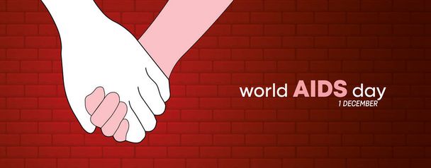 Wereld AIDS Dag post voor een rode bakstenen muur. Aids dagbericht houdt elkaars hand vast. Vierkant ontwerp. Rode baksteen muur achtergrond. - Vector, afbeelding