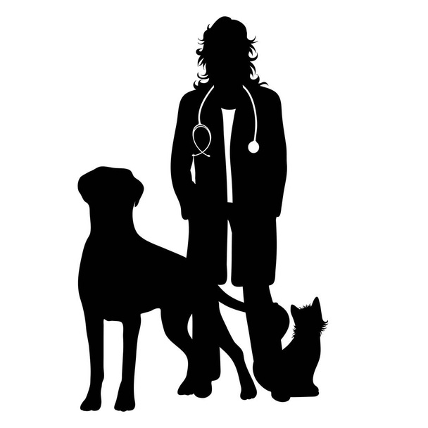 Wektorowa sylwetka lekarza weterynarii z psem i kotem na białym tle. Symbol zdrowia i szpitala. - Wektor, obraz