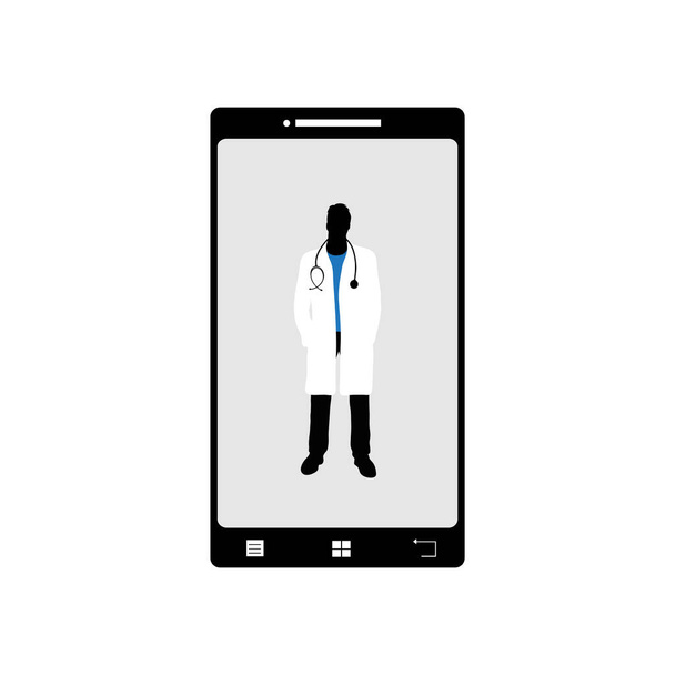 Illustration of mobil phone with doctor icon. Vector silhouette on white background. Symbol of telephone, cell phone, smartphone. Sign of medical, hospital, emergency. - Vector, Image