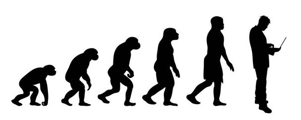 人間の進化論を描いた。ホモサピエンスのベクトルシルエット。猿から実業家へのシンボル. - ベクター画像