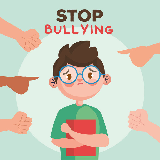 stop bullying and hands pointing at sad boy kid with book vector design - Vector, Image