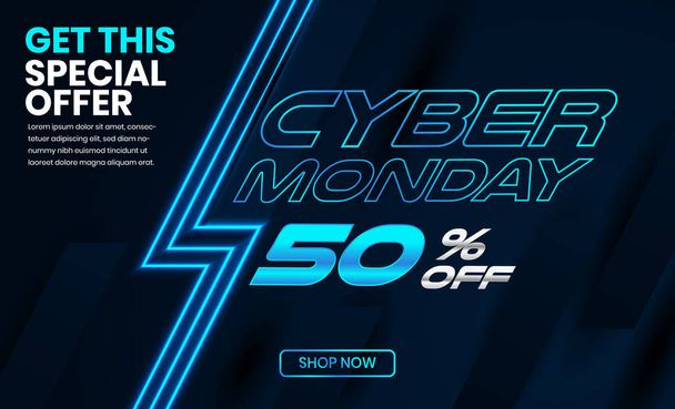 Venta banner plantilla de diseño, Cyber Monday oferta especial de venta hasta 50% off. - Vector, imagen