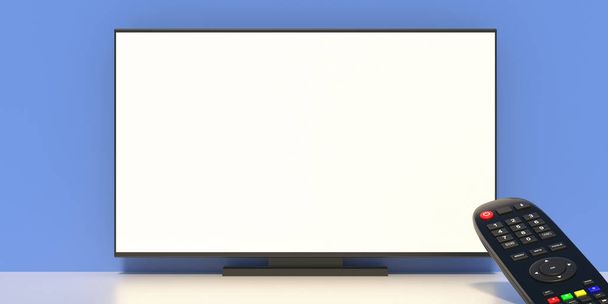 Télécommande TV gros plan et écran blanc moniteur de télévision, fond bleu, espace de copie, modèle de publicité. Illustration 3d - Photo, image