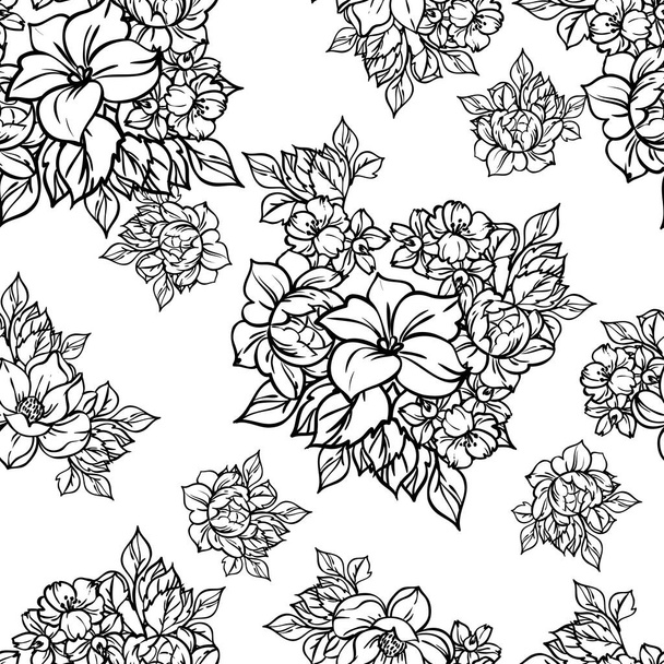 seamless vector pattern with black lined flowers on white - Вектор, зображення