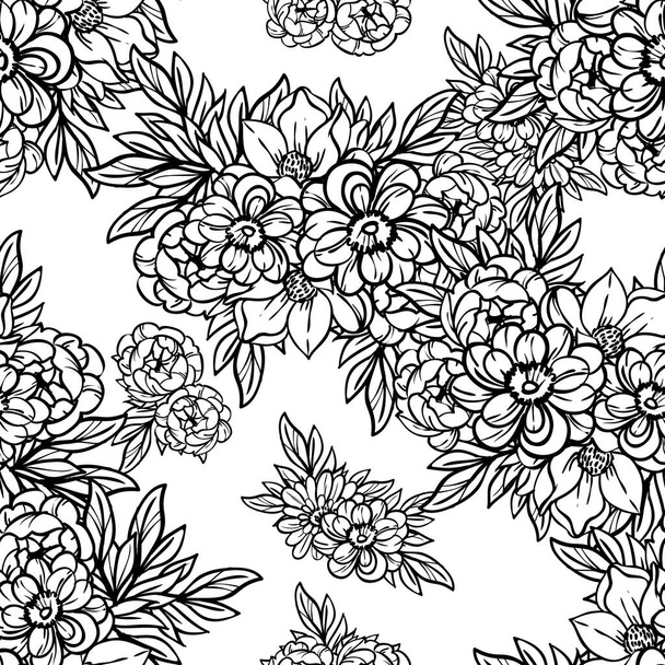 seamless vector pattern with black lined flowers on white - Vetor, Imagem
