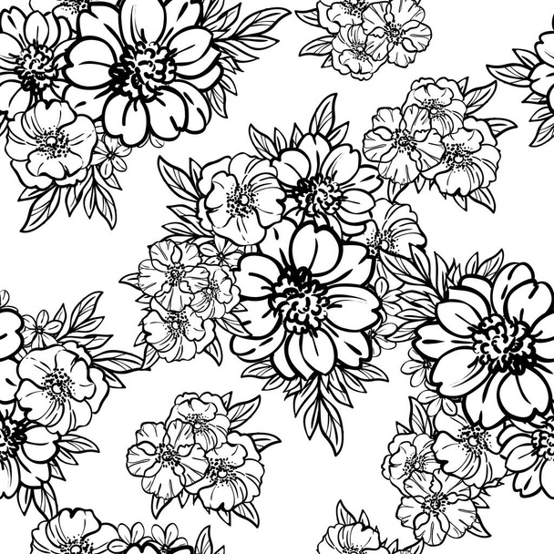 seamless vector pattern with black lined flowers on white - Vetor, Imagem