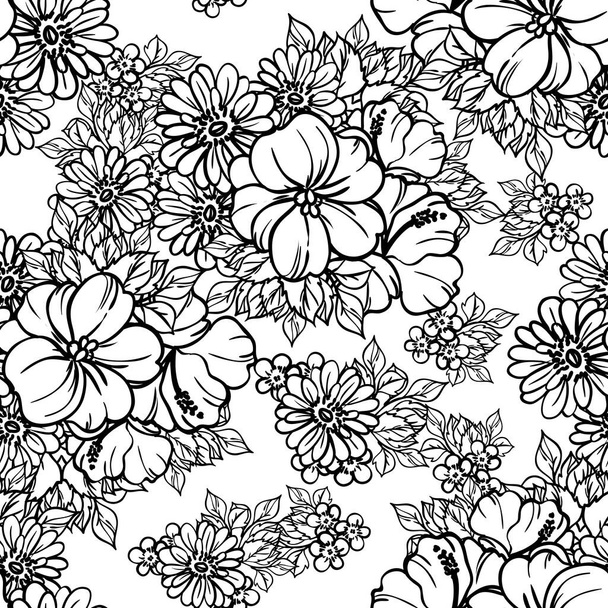 seamless vector pattern with black lined flowers on white - Vecteur, image