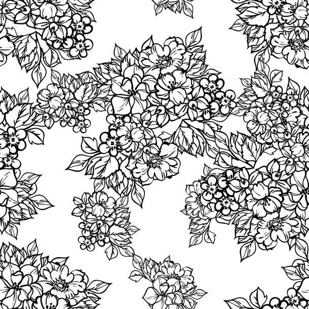 seamless vector pattern with black lined flowers on white - Вектор,изображение