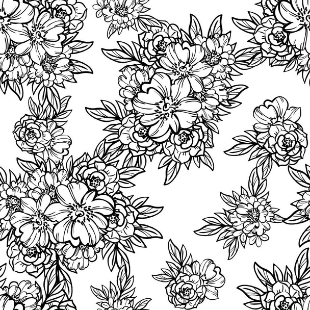 seamless vector pattern with black lined flowers on white - Διάνυσμα, εικόνα