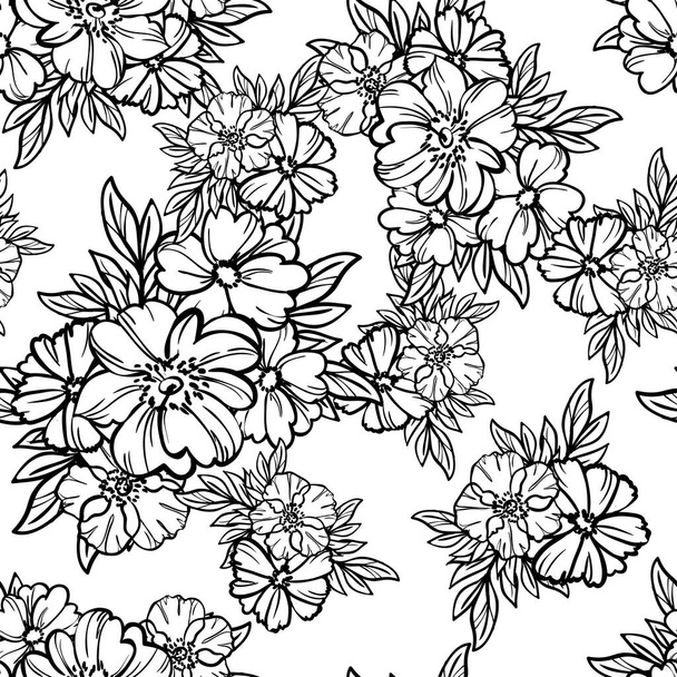 seamless vector pattern with black lined flowers on white - Vektor, obrázek
