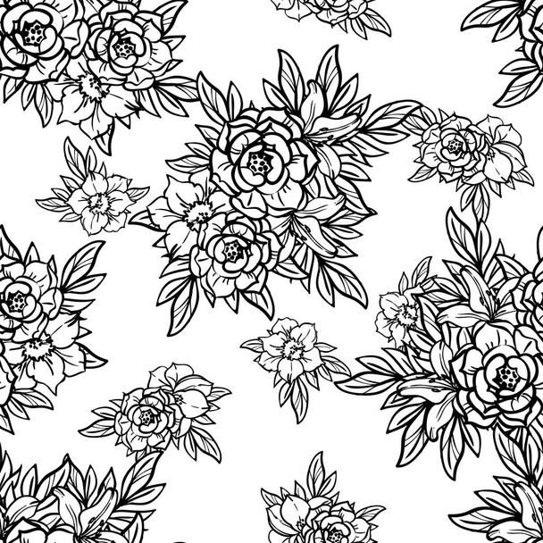 seamless vector pattern with black lined flowers on white - Vektori, kuva