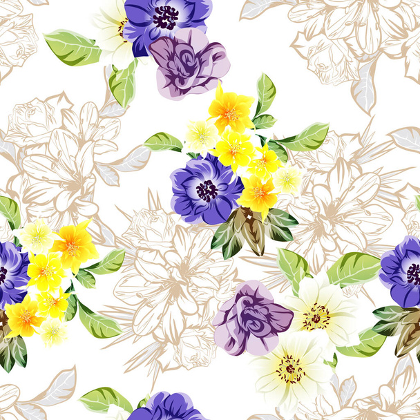 beautiful colorful flowers, seamless vector pattern  - Vettoriali, immagini