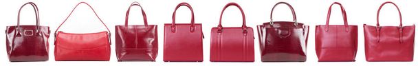 Koláž z 8 červené stylové dámské kožené tašky na bílém pozadí - Fotografie, Obrázek