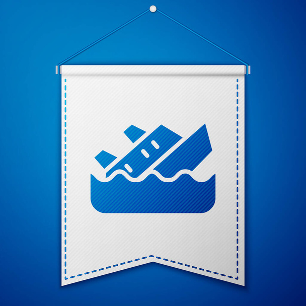 Icona della nave da crociera Blue Sinking isolata su sfondo blu. Turismo di viaggio trasporto nautico. Nave passeggeri di viaggio, nave da crociera. Modello di pennant bianco. Vettore. - Vettoriali, immagini