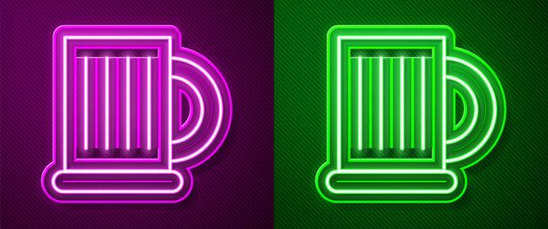 Glowing neon line Wooden beer mug icon isolated on purple and green background.  Vector Illustration. - Vector, Image