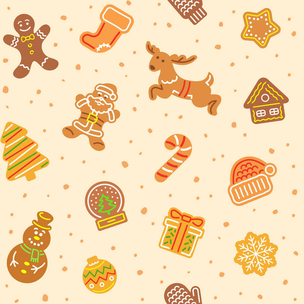 クリスマスジンジャーブレッドクッキーシームレスベクトルパターン。ジンジャーブレッドマン、サンタクロース、鹿、雪の結晶、雪だるまや他の休日のシンボルのシンプルなアイコン。お祭りの背景,壁紙,包装紙 - ベクター画像