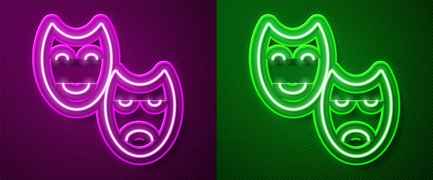 Ligne lumineuse néon Icône de masques théâtraux comiques et tragiques isolés sur fond violet et vert. Vecteur. - Vecteur, image